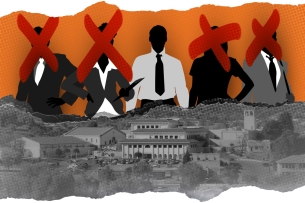 A photo illustration of five individuals, with four X'd out.