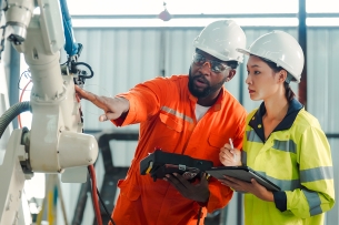 An instructor in a hard hat instructs a student in a hard hat, pointing to a machine.