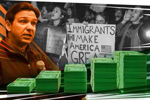 An image of Ron Desantis with protesters in the background and increasing stacks of dollar bills in the foreground. 