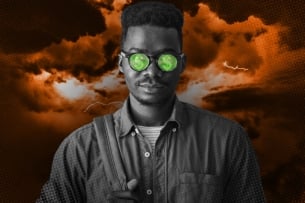 A man with money signs in glasses stands in front of a glowing storm