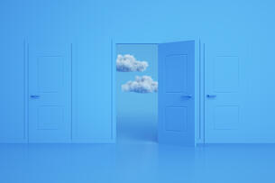 3-D rendering of the open door and cloud. Decisions and choices concept. Blue colors. Minimal design.