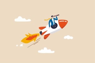 An illustration of a man on a rocket ship looking off into the distance through a scope, suggesting vision or leadership.