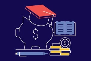 A drawing of a piggy bank wearing a graduation cap, along with icons of books, dollar signs, and a pen.