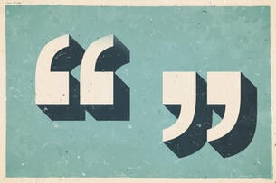 A vintage-style illustration of quotation marks against a blue background.