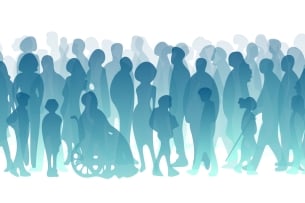 An illustration of a diverse group of individuals—senior citizens, children, a person in a wheelchair, men, women, etc.—in blue silhouette against a white background.