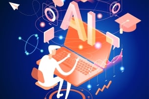 An illustration of an individual at a computer with the letters "AI" hovering above it, along with various icons signifying education (e.g., a graduation cap) and work.