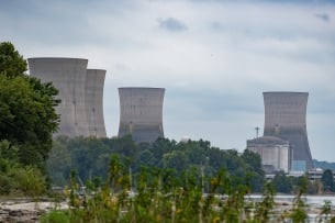 A picture of four cooling towers at Three Mile Island nuclear plant, in Pennsylvania.