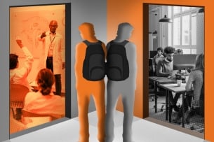 Two individuals, one orange and one gray, look into two doorways, one showing a classroom setting and another showing a workplace with people sitting at desks with desktop computers on them.