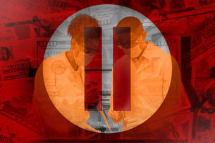 A photo illustration of a pause button over researchers.
