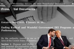 A photo illustration consisting of a photo of Donald Trump and JD Vance together transposed over language from a Trump executive order targeting diversity, equity and inclusion and a photo of Trump signing a document.
