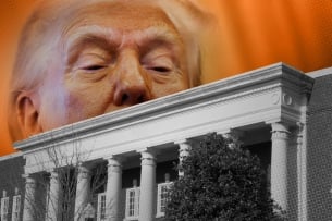 A photo illustration of Donald Trump overlooking a campus.