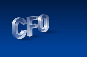 The acronym "CFO" is spelled out in transparent, glass-like, three-dimensional letters against a blue background.
