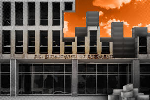 Illustration showing the Education Department building taken apart brick by brick