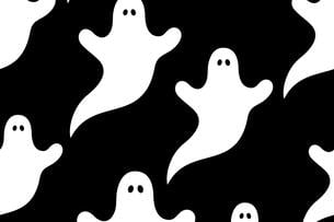 An illustration featuring a group of white ghosts floating against a black background.