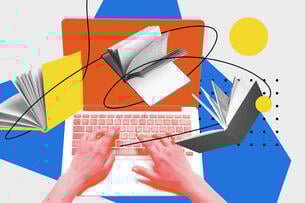 An illustration featuring male hands at work on a keyboard, with open books circling around.