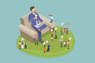 An illustration of a man sitting in a giant chair, striking the pose of a dominant, uncaring leader, as he sips a coffee and works at a laptop. Below him very small figures of people clamor for his attention.