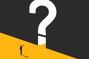 An illustration of a small male figure standing in front of a door shaped like a question mark.