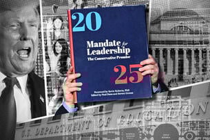 An illustration of the Project 2025 book, President Trump, the Department of Education and Columbia University.