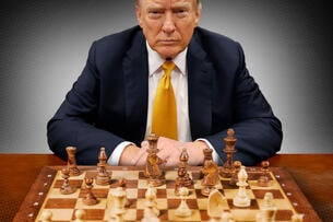 An illustration of President Donald Trump sitting at a chessboard.