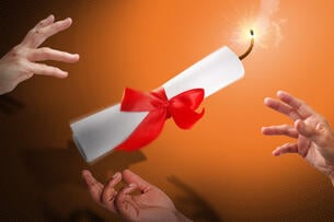 A diploma with a fuse being tossed between multiple hands.