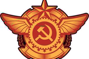 An illustration of a Soviet-style badge, with a hammer and sickle at the center.
