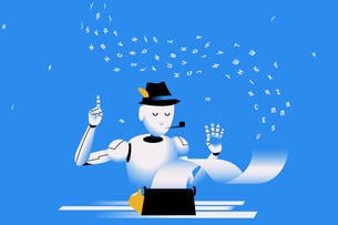 A whimsical illustration of a robot working at a typewriter, a hat with a feather on its head and a cigar in its mouth.