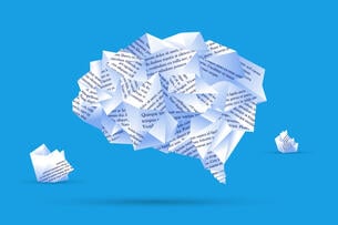 An illustration of a human brain made out of different pieces of paper with typed text on them, against a blue background.