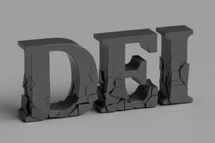 An illustration of the letters "DEI" in dark gray, against a lighter grey background. Each of the letters has cracks in the bottom, as if the foundation is crumbling.