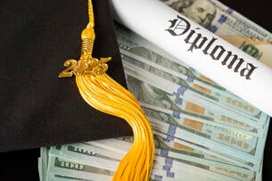 A graduation cap and tassel with a "2025" charm atop a stack of $100 bills, next to a rolled-up document that says "Diploma."