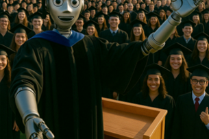 An AI-generated image of a robot-like figure giving a graduation speech.