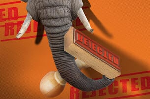 An elephant holding a stamp that reads "rejected."