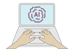 An illustration of two hands resting on a laptop keyboard; the screen says "AI."