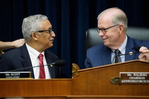 Chairman Rep. Tim Walberg (R-MI) (R) and Ranking Member Rep. Bobby Scott (D-VA) (L) speak as U.S. Labor Secretary Lori Chavez-DeRemer appears for a House Committee on Education and Workforce hearing on Capitol Hill