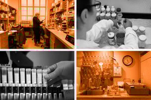 A set of four images showing college laboratory environments.