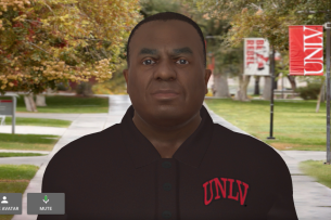 A screen shot of an AI avatar of a Black man on a college campus.