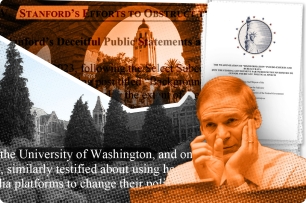 A photo illustration including a photograph of Jim Jordan, the U.S. House Judiciary Committee chairman, the front page of a recent interim staff report from his committee and partial quotes from the report.  