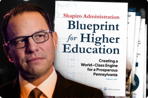 A photo illustration of Pennsylvania governor Josh Shapiro, a light-skinned man wearing glasses and a suit, and his plan for consolidation.