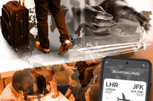 A collage of images showing students working in a group, scientific research and world travel.