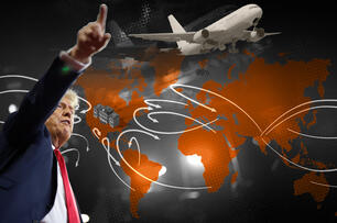 Photo illustration: President Donald Trump pointing with planes and a map of the world in the background. 