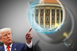 President Donald Trump poking a bubble reflecting a college campus.