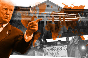 Photo illustration: President Donald Trump pointing over a college building with a map of the world with an airplane and student protesting.