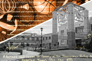 A photo illustration of the Sonoma State University campus along with sports equipment.