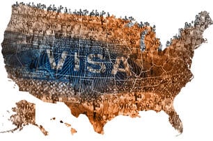 A map of the United States filled with students and a visa overlayed on top of it. 