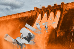 College diplomas fall out of a dam spillway.
