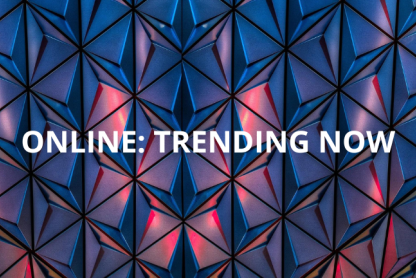The words Online Trending Now on a metallic purple, high tech-looking background