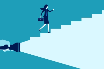 Illustration of a woman holding briefcase walking up stairs while hand holding a flashlight on the left lights her way