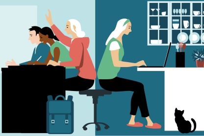 A drawing of students, split into two panels, to represent in-person and online education, respectively: on the left are three young adult students in a classroom and on the right is a single young adult student working at her computer in a kitchen, a cat at her feet. 