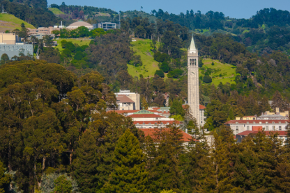 A panoramic view of the University of California, Berkeley, campus as seen from a distance, with the bell tower rising above the other buildings. 