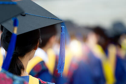 A rear view of graduates during commencement wearing blue and yellow regalia and graduation caps.