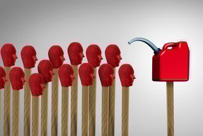 An illustration of a gas can over a set of matches with humanlike faces on them, illustrating the concept of gaslighting.